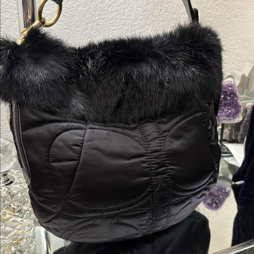 Like new  auth, COACH RARE  Rabbit Fur Signature QuiltED  Nylon  Black  Bag